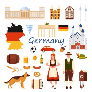 Almanya 'ya seyahat ayarlandı. Oktoberfest festivali, sosis ve kraker, kereste çerçeve binası ve Neuschwanstein sarayı, bira ve köpek çizgi film çizimleri için ulusal kostümler içindeki Alman halkı