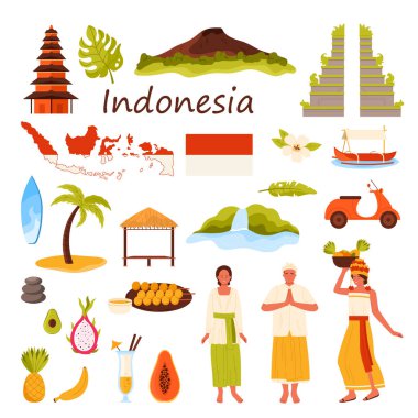 Endonezya seti. Kültür unsurları ve adaların sembolleri, geleneksel meyve sepeti giymiş Endonezyalı insanlar, Gunung Batur ve Candi bentar çizgi film vektör çizimi
