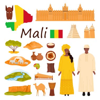 Mali kültür mirası, geleneksel kıyafetler, simgeler ve yerel semboller. Mali 'nin zengin tarihi ve çeşitliliğinin canlı bir temsili, vektör illüstrasyonu.