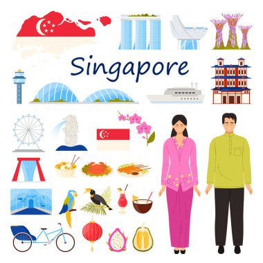 Singapur kültürünün bir koleksiyonu, simgeler, geleneksel kıyafetler ve yiyecek eşyaları. Ünlü sembollerin ve cazibelerin ayrıntılı temsili, vektör illüstrasyonu.