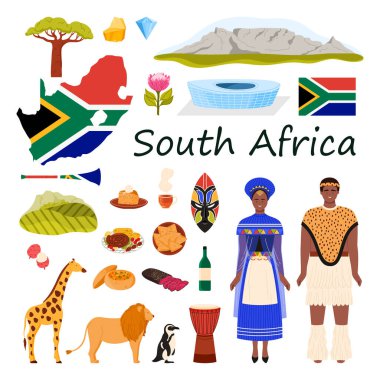 Kültür elementleri ve doğa, yiyecek ve unvanla belirlenmiş Güney Afrika 'ya seyahat. Etnik kabile elbiseli kadın ve erkek, litchi meyvesi ve şarap, altın ve elmas madenciliği vektör çizimi