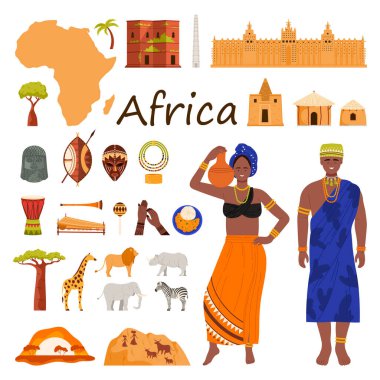Afrika kültürü, gelenekler ve ikonik unsurlar. Afrika haritası, simgeler, geleneksel kıyafetler, vahşi yaşam, maskeler, enstrümanlar ve doğal manzara çizimleri.