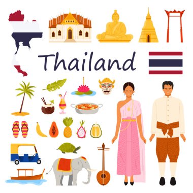 Tayland seti, Tayland kültür unsurları ve turizm nesneleri, hayvanlar ve unvanlar. Geleneksel Chut Thai elbiseli kadın ve erkek, Büyük Buda ve Budist tapınağı, pagoda karikatür çizimi