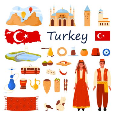 Türkiye 'ye seyahat ayarlandı. Türk halkı ve İstanbul yemek menüsü, harita ve ülke bayrağı, kültür unsurları ve ünlü tarihi simgeler, Kapadokya kayaları ve çizgi film çizimi