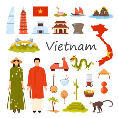 Vietnam 'a git ve ünvanını al. Geleneksel kostümlü Vietnamlılar, pagoda ve kilise, Altın Köprü ve Ho Chi Minh Mausoleum simgeleri, scooter ve maymun çizgi film çizimleri