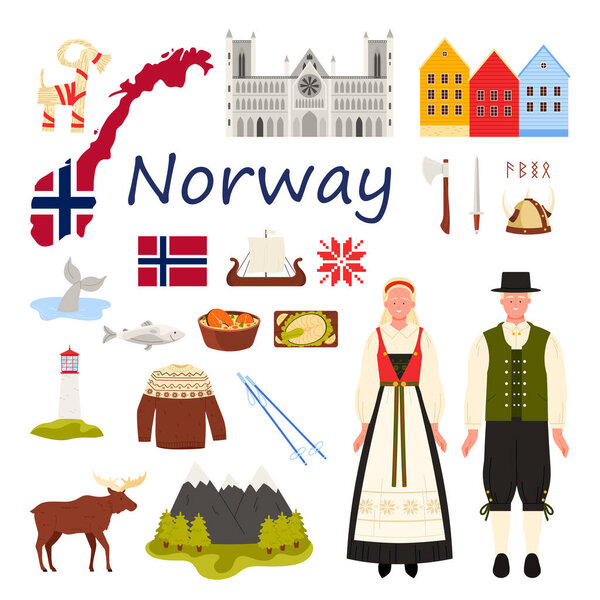 Travel to Norway set with title. Norwegian people in traditional costumes and culture elements, famous landmarks and mountain view, Bergen houses and Nidaros Cathedral cartoon vector illustration