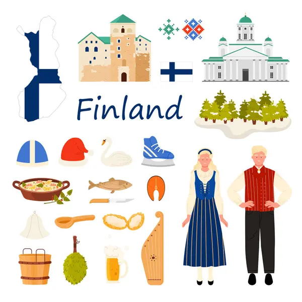 Finlandiya 'ya seyahat ayarlandı. Geleneksel giyimli ve ülke bayrağı desenli haritalı insanlar, Finlandiya Ulusal Tiyatrosu ve Helsinki Katedrali, kış şapkası ve patenleri, kantele çizgi film vektör çizimleri