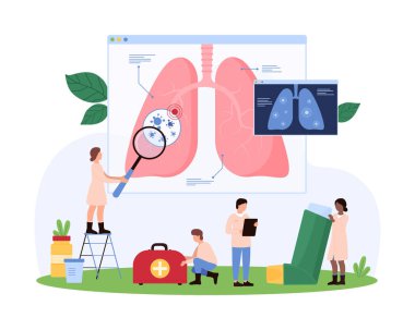 Akciğer hastalıklarının teşhisi ve tedavisi, akciğer bilimi, solunum sistemi denetimi hastanede. Minik pulmonologlar, büyüteç karikatür çizimi olan akciğerlerin röntgenini kontrol ediyor.