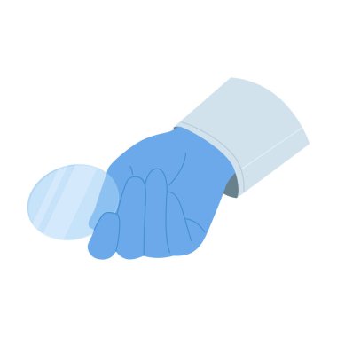 Mavi sevilen bir el, çeşitli tıbbi ve sağlık temalarını sembolize eden dairesel bir ayna diski dikkatlice tutuyor.