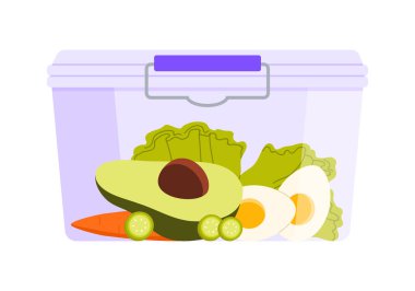Avokado, yumurta ve taze sebze gibi sağlıklı malzemelerle dolu canlı bir yemek hazırlama kabı.
