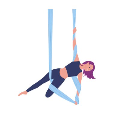 Bir kadın renkli ipek iplerle hava yogası yapıyor, zarafet ve güç sergiliyor, diğerlerine ilham veriyor.