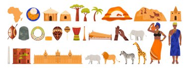 Geleneksel kabile kostümleri, kültür unsurları, mutfak gibi Afrikalı kadın ve erkeklerle Afrika 'ya seyahat edin. Axum 'un Obelisk' i, Djenne Camii, Lalibela Kilisesi karikatür vektör çizimi