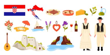 Hırvatistan 'a seyahat ayarlandı. Geleneksel kostümler ve bayrak, harita ve şelale manzarası, Dubrovnik Eski Kent binası ve sahil tatili, yiyecek ve şarap çizgi filmi çizimleri içindeki Hırvat halkı