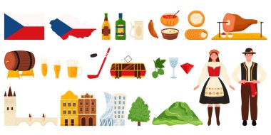 Çek Cumhuriyeti bilgi kümesine seyahat edin. Geleneksel kostümler içindeki Çek çift, mimari yapı ve kültür unsurları, yiyecek, Charles Köprüsü ve Prag çizgi film vektör illüstrasyonunda Dansçı Ev