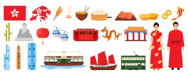 Hong Kong kültür unsurları, yiyecek ve mimari bilgi kümesi. Turist turnesi için feribot ve otobüs. Geleneksel kostümlü kadın ve erkek. Saat Kulesi ve tramvay çizimi.