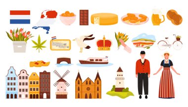 Hollanda seti, ünlü mimari simgeleri ve Hollanda 'nın ulusal kültür sembolleri. Hollandalı adam ve kız, yel değirmeni ve yiyecek, bayrak ve ülke haritası, bisiklet çizgi filmi vektör çizimi
