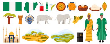 Nijerya 'ya seyahat, Nijerya kültür tasarım elementleri, yiyecek ve doğa manzarası, dönüm noktası. Geleneksel kostümlü kadın ve erkek, negroni kokteyli ve petrol karikatür vektör çizimi fıçısı.