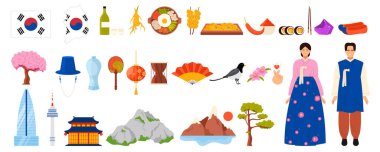 Güney Kore seti. Kültür öğeleri ve ünlü yemekler, Hanbok kostümlü Koreliler, ve Gyeongbokgung Sarayı, Jeju Adası ve Liancourt Kayaları manzarası, bibimbap karikatür vektör çizimi