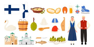Finlandiya 'ya seyahat, kültür unsurları, insanlar ve miras simgeleri belirlendi. Finlandiya Ulusal Tiyatrosu, geleneksel kostümlü kadın ve erkek, patenler ve Noel Baba şapkası, çizgi film vektör illüstrasyonu