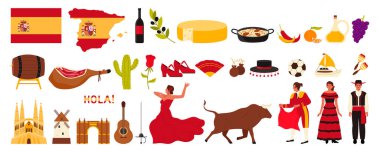 İspanya 'ya seyahat, ünlü kültür unsurları, yiyecek ve tarihi miras seti. Bayrak ve harita, ulusal kostümlü İspanyollar flamenko dansçısı ve boğa çizgi film çizimi olan boğa güreşçisi.