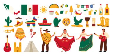 Meksika seti, karnaval tatilleri, festival müzik partisi, turizm sembolleri. Meksikalılar dans ediyor ve müzik aletleri çalıyorlar, yaz güneşi ve kaktüs, antik piramit çizgi film çizimi