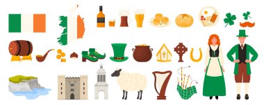 İrlanda seti. Ulusal kostümlü İrlandalılar, kültür ve simge unsurları, Moher Kayalıkları ve Ashford Şatosu, Saint Patrick festivali karikatür vektör çizimi