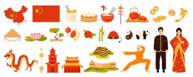 Çin seti, ülke sembolleri ve dekoratif amblemler, turistler için ünlü simgeler. Geleneksel giysili Çinliler, antik tapınak ve yiyecek, harita ve bayrak vektör çizimi