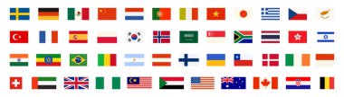 Dünyanın bayrağı, Avrupa ve Afrika 'nın uluslararası bayrakları, Amerika ve Asya. Tayland ve Hong Kong, İsveç ve Almanya, Meksika ve Japonya, Güney Kore karikatür vektör çizimi