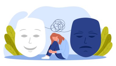 Depresyon ve stresi gizlemek, duygularda ikiyüzlülük, zihinsel sağlık sorunu. Mutlu ve depresif ruh hali maskeleri altında karalama düğümleri ve düşünceler gizleyen küçük bir kadın. Çizgi film vektör çizimi.
