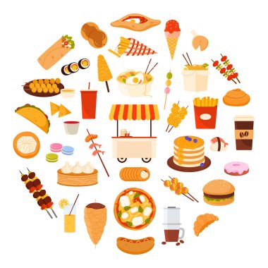 Sokak yemeği ve içeceği yuvarlak bilgi pankartıyla hazırlandı. Market tezgahı, hazır yemek koleksiyonu pizza ve kruvasan, dondurma ve hamur köftesi daire çizimi şiş kebap.