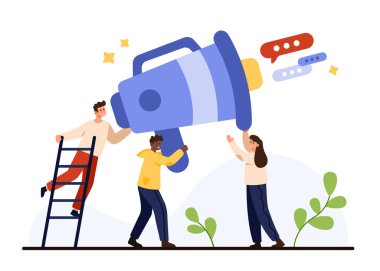 Çeşitli bireyler işbirliği ruhlarını sergileyerek, ortak hedefler vektör ilüstrasyonuna ulaşmak için bir megafonla takım çalışması ve iletişimi vurgulayarak,