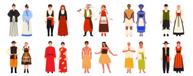 Farklı geleneksel kostümler giymiş dünya insanları. Ulusal Kimono ve Hakama 'daki erkek ve kadın, Romen, kostüm ve Vyshyvanka, Lederhosen ve Dirndl' deki kadın ve erkek.