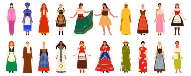 Geleneksel etnik kıyafet seti olan bir kadın. Malezya ve Güney Afrika, Tayland ve Meksika, Vietnam ve Çin, Hollanda karikatür çizimi