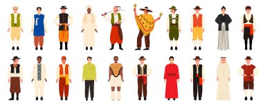 Geleneksel etnik kıyafetleri olan bir halk adamı. Meksika ve İsveç, Güney Kore ve Fransa, Güney Afrika ve Çin 'in tarihi giysilerini giyen erkek karakterler, Türkiye çizgi film vektör illüstrasyonları