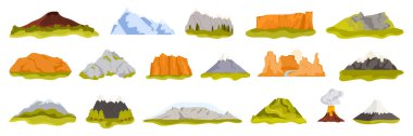 Dünyanın farklı ülkelerinin dağ manzaraları. Büyük Kanyon ve Mauna Loa, ABD Arches Ulusal Parkı, Japonya 'daki Fuji Dağı karikatür vektör illüstrasyonunda doğa işaretleri koleksiyonu