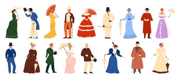 A charming collection of Victorian era characters in exquisite clothing, showcasing intricate styles and accessories like elegant hats and decorative umbrellas delightful vector illustration