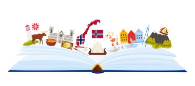 Norveç kültür unsurları ve doğa dağı ve fiyort manzarası, Norveç tarihi işaretleri ve geleneksel yiyeceklerle ilgili bilgi kitabı kolajında dil çalışması, binalar karikatür vektör çizimi