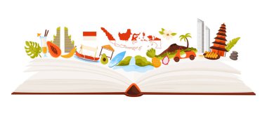 Endonezya kültür unsurları ve miras tapınağı, bilgi kolajında dil çalışması. Bayrak, anıt işaretleri ve kağıt kitap karikatür vektör illüstrasyonunda yiyeceği olan Endonezya adaları haritası