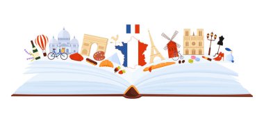 Fransa kültür unsurları ve Paris 'in simgeleri, Fransızca dil bilgisi kolajı. Büyük bir kitap ve baget, makarna, bayrak ve harita aç, Fransız çizgi film vektör çizimi bisikleti
