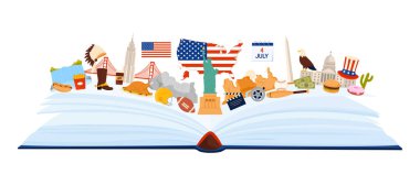 Amerika Birleşik Devletleri kültürü ve simgeleri, bilgi kolajında dil eğitimi. Ünlü bina ve burgerli kağıt rehberi, ABD bayrağı ve haritası, Büyük Kanyon karikatür çizimi