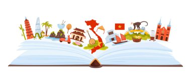 Vietnam kültürü elementleri ve simgeleri, yemek ve Vietnamca dilinde bilgi kolajı çalışmaları. Kağıt rehberi ve saray, harita ve bayrak, tapınak ve ejderha karikatür çizimi
