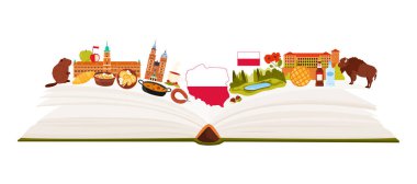 Polonya 'ya, kültür unsurları ve büyük kitap sayfaları üzerinde ünlü Polonya simgeleriyle birlikte bilgi kolajı yapmak. Bayrak ve ülke haritası, antik mimari ve gıda karikatürü vektör çizimi