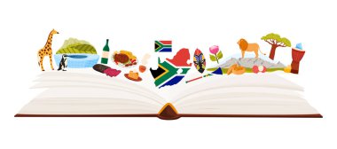 Güney Afrika 'nın simgelerini, vahşi yaşamı, geleneksel yemekleri ve kültürel sembolleri gösteren açık bir kitap. Ülke çeşitliliği ve miras vektör illüstrasyonunu temsil eder.