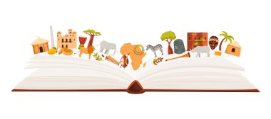 Afrika kültürünün, ikonik hayvanların ve geleneksel simgelerin yer aldığı açık bir kitap. Kıta çeşitliliğinin ve geleneklerinin canlı tasviri, vektör illüstrasyonu.