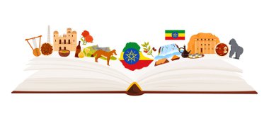Etyopya kültürünün açık bir şekilde sergilendiği açık bir kitap simgeleri, mutfak, vahşi yaşam ve gelenekler. Etiyopya bayrağı, kahve seremonisi, tarihi mekanlar ve doğal elementler, vektör illüstrasyonunu içerir.