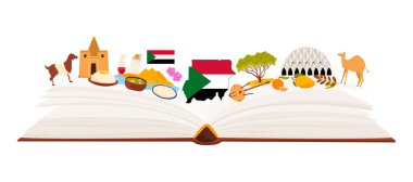 Sudan kültürel unsurlarını, simgeleri, geleneksel yiyecekleri ve sembolik sembolleri içeren açık bir kitap. Ulusun zengin tarihi ve mirası, vektör illüstrasyonunu temsil eder