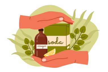 Çevre dostu temizlik ürünleri. Soda karton kutusunda sodyum bikarbonat, doğal sirke şişesi ve bir dilim limon tutan insan elleri mutfak temizlemek ve bulaşık yıkama vektör çizimleri