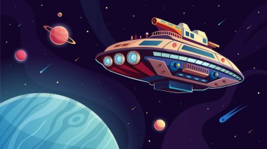 Uzaylı uzay gemisi karanlık uzayda mavi gezegene uçuyor. Galaktik seyahat, kozmik yarış geçmişi, astronot takımının gelecekteki çizgi film çizim çizimleri hakkındaki fantezi ve rüya hikayesi.