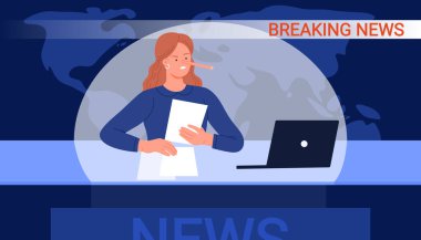 TV kanalında sahte sıcak gelişmeler, yanlış bilgilerle dolu stüdyo haberleri. Pinokyo 'nun uzun burunlu yalancı kadın gazeteci, izleyicileri yanlış yönlendirerek insanları çizgi film vektör illüstrasyonuna etkiliyor.