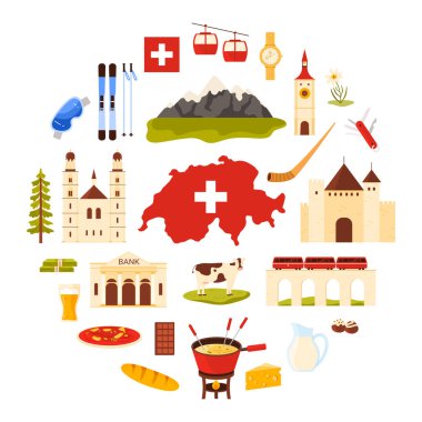 Kale kuleleri, köprü, çikolata ve İsviçre çakısı, kültür amblemleri ve mimari üzerinde eğitim, çizgi film çizimleri içinde Alps dağları. Yuvarlak bayrak tasarımı ile İsviçre 'ye seyahat